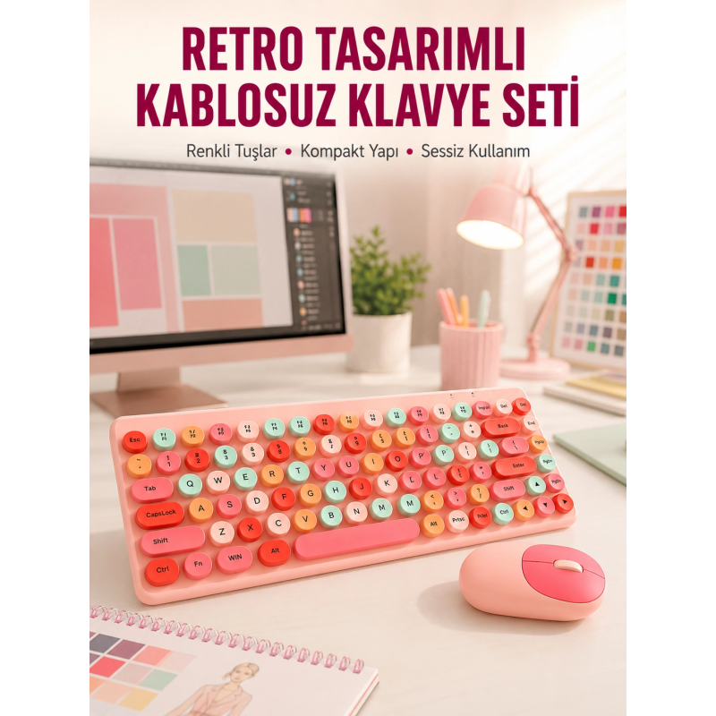 Renkli Retro Tuş Takımlı Klavye – 3 Cihaz Bağlantısı, Medya Kısayol Tuşları Yeni Nesil Renkli Retro Tuş Takımlı Klavye – 3 Cihaz Bağlantısı, Medya Kısayol Tuşları Yeni Nesil