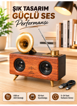 Retro Gramofon Tasarımlı Bluetooth Hoparlör – 3d Stereo Ses, 1800 Mah Batarya