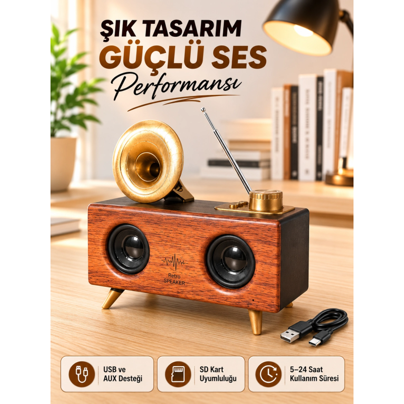 Retro Gramofon Tasarımlı Bluetooth Hoparlör – 3d Stereo Ses, 1800 Mah Batarya Retro Gramofon Tasarımlı Bluetooth Hoparlör – 3d Stereo Ses, 1800 Mah Batarya