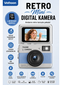 Retro Mini Dijital Kamera 1080p 1.47 İnç Flip Ekranlı Flaşlı Selfie Vlog Kamerası 4gb Sd Hediyeli Mavi