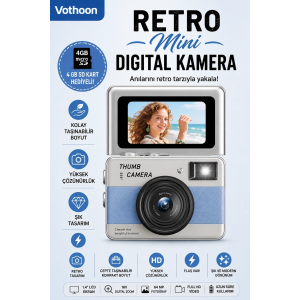 Retro Mini Dijital Kamera 1080p 1.47 İnç Flip Ekranlı Flaşlı Selfie Vlog Kamerası 4gb Sd Hediyeli Mavi