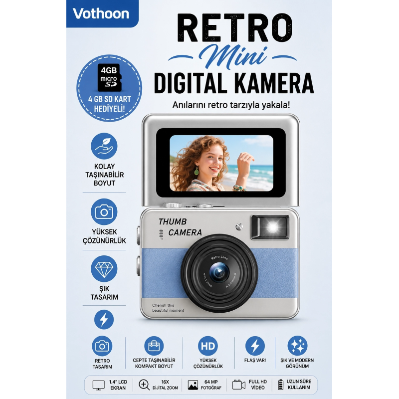 Retro Mini Dijital Kamera 1080p 1.47 İnç Flip Ekranlı Flaşlı Selfie Vlog Kamerası 4gb Sd Hediyeli Mavi Retro Mini Dijital Kamera 1080p 1.47 İnç Flip Ekranlı Flaşlı Selfie Vlog Kamerası 4gb Sd Hediyeli Mavi