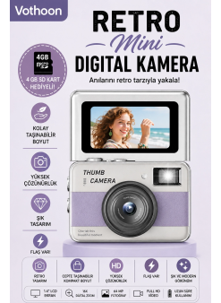 Retro Mini Dijital Kamera 1080p 1.47 İnç Flip Ekranlı Flaşlı Selfie Vlog Kamerası 4gb Sd Hediyeli Mor