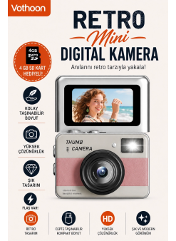 Retro Mini Dijital Kamera 1080p 1.47 İnç Flip Ekranlı Flaşlı Selfie Vlog Kamerası 4gb Sd Hediyeli Pembe