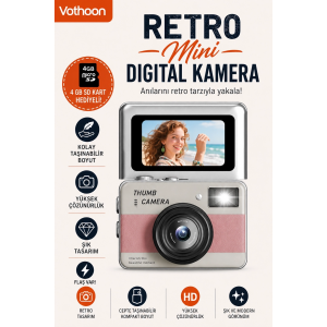 Retro Mini Dijital Kamera 1080p 1.47 İnç Flip Ekranlı Flaşlı Selfie Vlog Kamerası 4gb Sd Hediyeli Pembe