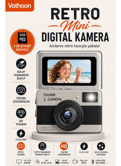 Retro Mini Dijital Kamera 1080p 1.47 İnç Flip Ekranlı Flaşlı Selfie Vlog Kamerası 4gb Sd Hediyeli Siyah
