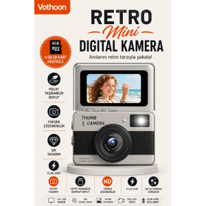 Retro Mini Dijital Kamera 1080p 1.47 İnç Flip Ekranlı Flaşlı Selfie Vlog Kamerası 4gb Sd Hediyeli Siyah