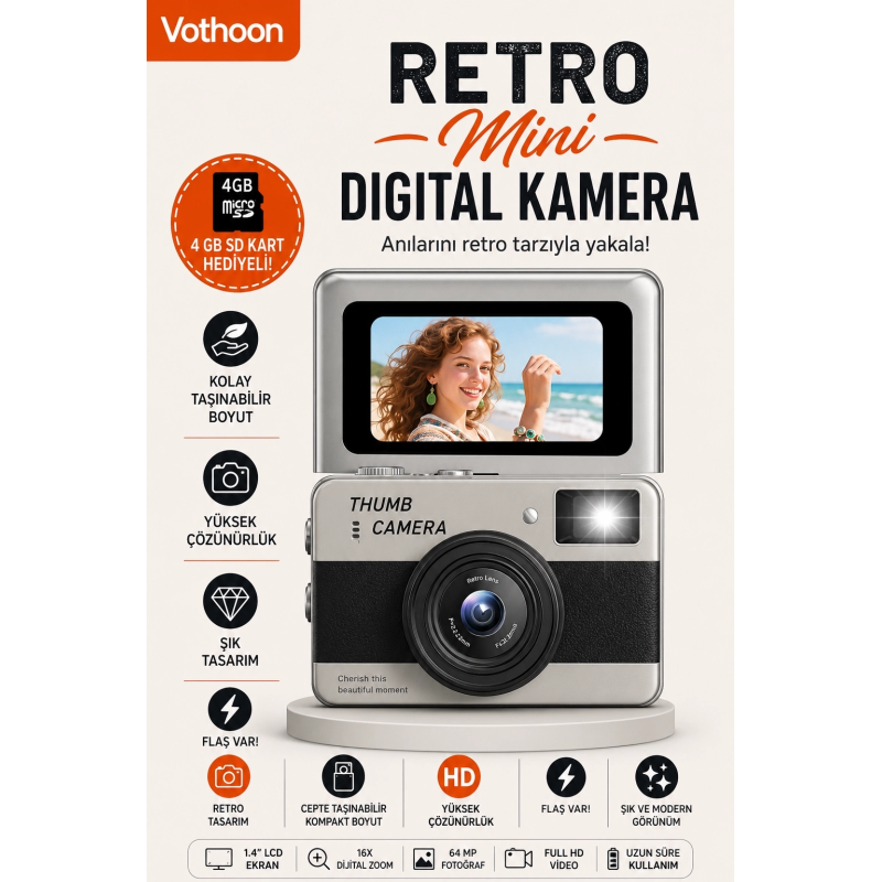 Retro Mini Dijital Kamera 1080p 1.47 İnç Flip Ekranlı Flaşlı Selfie Vlog Kamerası 4gb Sd Hediyeli Siyah Retro Mini Dijital Kamera 1080p 1.47 İnç Flip Ekranlı Flaşlı Selfie Vlog Kamerası 4gb Sd Hediyeli Siyah