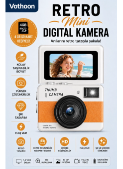 Retro Mini Dijital Kamera 1080p 1.47 İnç Flip Ekranlı Flaşlı Selfie Vlog Kamerası 4gb Sd Hediyeli Turuncu