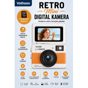 Retro Mini Dijital Kamera 1080p 1.47 İnç Flip Ekranlı Flaşlı Selfie Vlog Kamerası 4gb Sd Hediyeli Turuncu