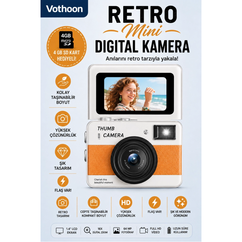 Retro Mini Dijital Kamera 1080p 1.47 İnç Flip Ekranlı Flaşlı Selfie Vlog Kamerası 4gb Sd Hediyeli Turuncu Retro Mini Dijital Kamera 1080p 1.47 İnç Flip Ekranlı Flaşlı Selfie Vlog Kamerası 4gb Sd Hediyeli Turuncu