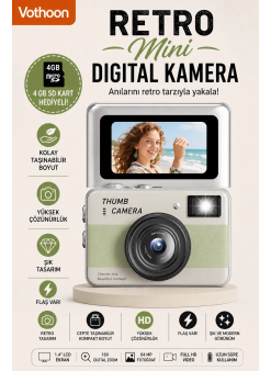 Retro Mini Dijital Kamera 1080p 1.47 İnç Flip Ekranlı Flaşlı Selfie Vlog Kamerası 4gb Sd Hediyeli Yeşil