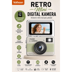 Retro Mini Dijital Kamera 1080p 1.47 İnç Flip Ekranlı Flaşlı Selfie Vlog Kamerası 4gb Sd Hediyeli Yeşil