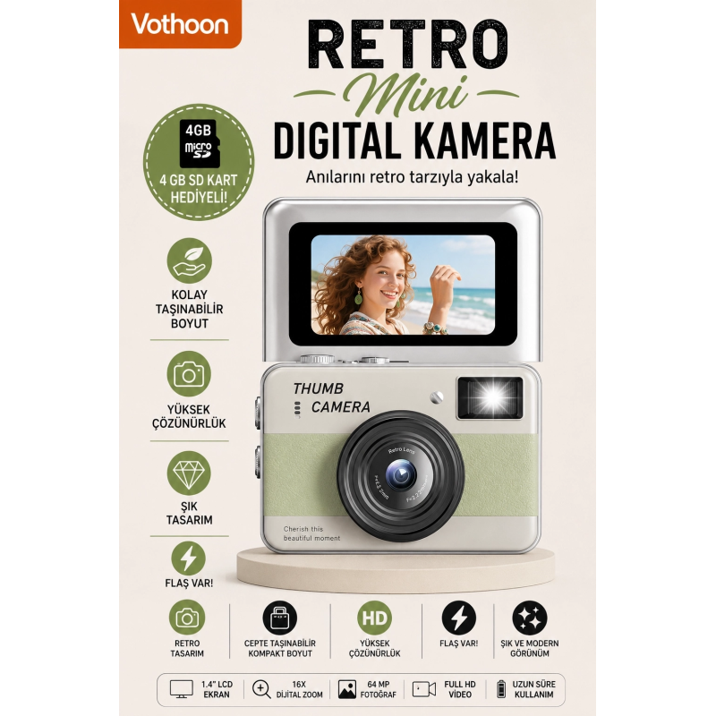 Retro Mini Dijital Kamera 1080p 1.47 İnç Flip Ekranlı Flaşlı Selfie Vlog Kamerası 4gb Sd Hediyeli Yeşil Retro Mini Dijital Kamera 1080p 1.47 İnç Flip Ekranlı Flaşlı Selfie Vlog Kamerası 4gb Sd Hediyeli Yeşil