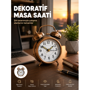 Retro Tarz Bronz Dekoratif Masa Saati Metal Gövde Yüksek Sesli Alarm