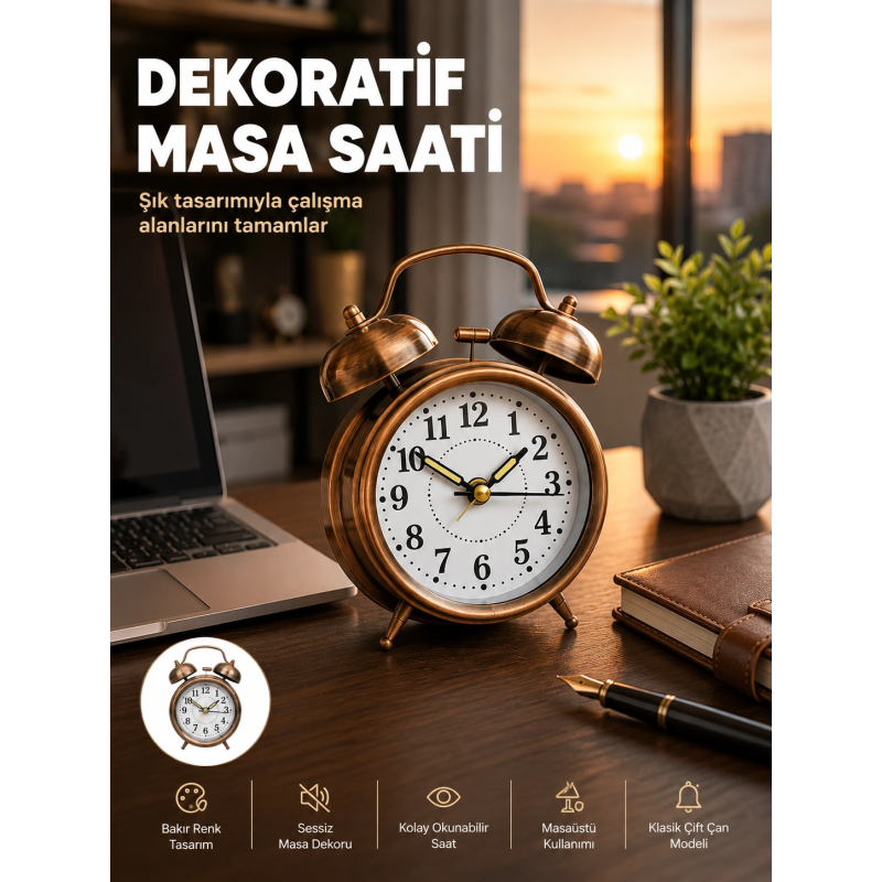 Retro Tarz Bronz Dekoratif Masa Saati Metal Gövde Yüksek Sesli Alarm Retro Tarz Bronz Dekoratif Masa Saati Metal Gövde Yüksek Sesli Alarm