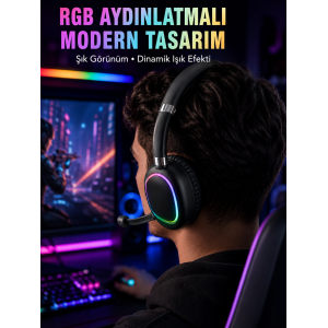 Rgb Işıklı Bluetooth Mikrofonlu Kulaklık Uzun Süreli Kullanım Type-c Şarjlı