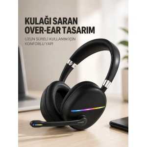 Rgb Işıklı Bluetooth Mikrofonlu Kulaklık Uzun Süreli Kullanım Type-c Şarjlı