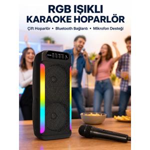 Rgb Işıklı Çift Hoparlörlü Taşınabilir Bluetooth Speaker Ve Mikrofon Yeni Nesil