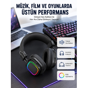 Rgb Işıklı Katlanabilir Bluetooth 5.3 Kulak Üstü Kulaklık