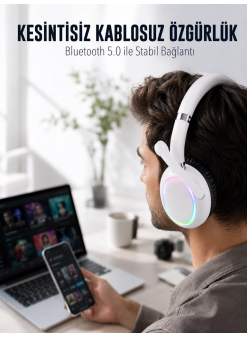 Rgb Işıklı Mikrofonlu Bluetooth Kulaklık Beyaz Over-ear Tasarım Type-c Şarjlı