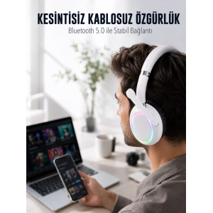 Rgb Işıklı Mikrofonlu Bluetooth Kulaklık Beyaz Over-ear Tasarım Type-c Şarjlı