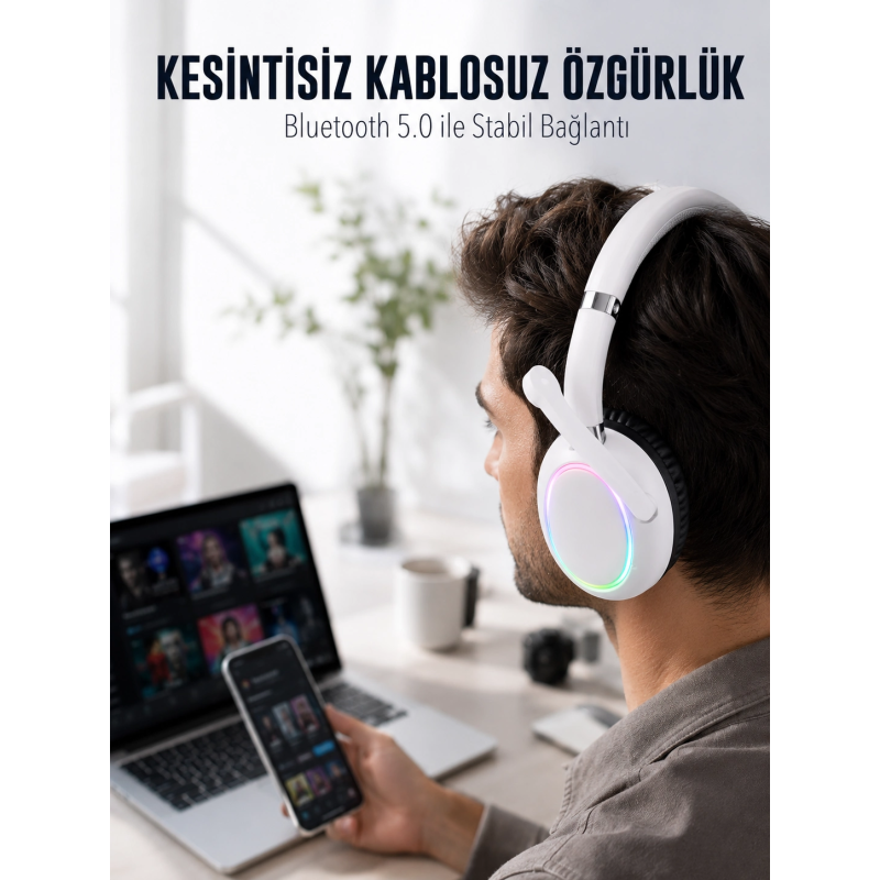 Rgb Işıklı Mikrofonlu Bluetooth Kulaklık Beyaz Over-ear Tasarım Type-c Şarjlı Rgb Işıklı Mikrofonlu Bluetooth Kulaklık Beyaz Over-ear Tasarım Type-c Şarjlı