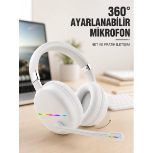 Rgb Işıklı Mikrofonlu Bluetooth Kulaklık Beyaz Over-ear Tasarım Type-c Şarjlı