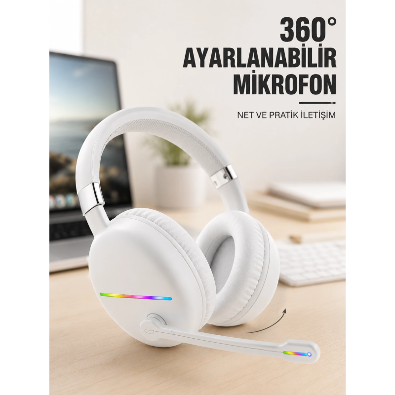 Rgb Işıklı Mikrofonlu Bluetooth Kulaklık Beyaz Over-ear Tasarım Type-c Şarjlı Rgb Işıklı Mikrofonlu Bluetooth Kulaklık Beyaz Over-ear Tasarım Type-c Şarjlı