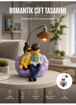 Romantik Çift Figürlü Okuyan Çift Masa Lambası Dekoratif Led Aydınlatma