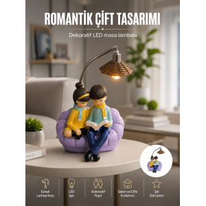 Romantik Çift Figürlü Okuyan Çift Masa Lambası Dekoratif Led Aydınlatma