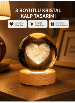 Romantik Kalpli Kristal Cam Küre Usb’li Işıklı Dekoratif Obje