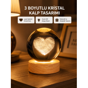 Romantik Kalpli Kristal Cam Küre Usb’li Işıklı Dekoratif Obje