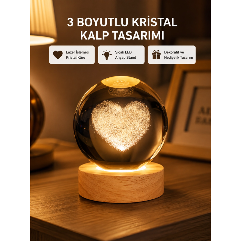 Romantik Kalpli Kristal Cam Küre Usb’li Işıklı Dekoratif Obje Romantik Kalpli Kristal Cam Küre Usb’li Işıklı Dekoratif Obje