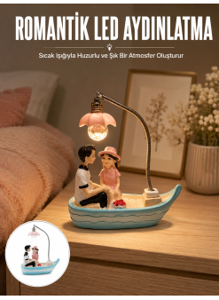 Romantik Sandal Üzerinde Çift Figürü Led Gece Lambası Masa Dekoru Yeni Nesil