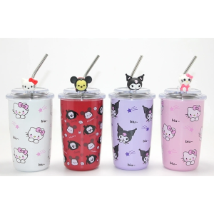Sanrio Hello Kitty & Kuromi Figürlü Isı Muhafazalı Metal Pipetli Çelik Kupa Alk4428