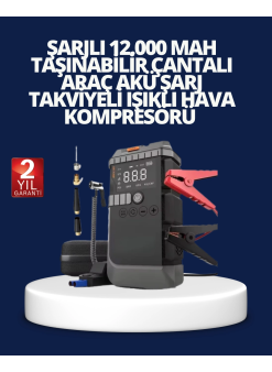Şarjlı 12000 Mah Araç Akü Takviye Ve Hava Kompresörü 4’ü 1 Arada