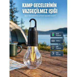 Şarjlı Aydınlatma Ampul Tasarımlı Ambians Işık Askılı Kamp Lambası