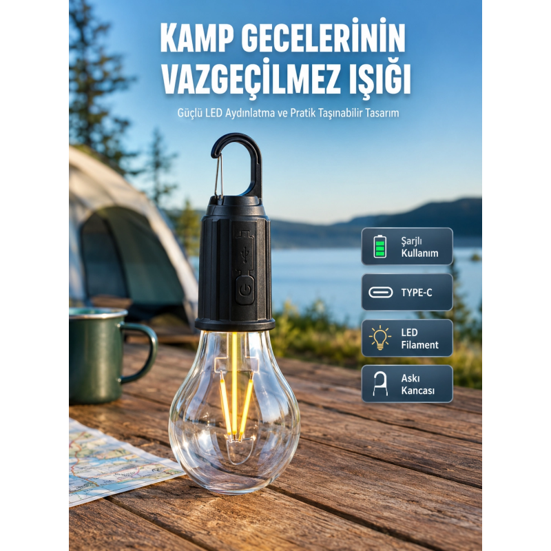 Şarjlı Aydınlatma Ampul Tasarımlı Ambians Işık Askılı Kamp Lambası Şarjlı Aydınlatma Ampul Tasarımlı Ambians Işık Askılı Kamp Lambası