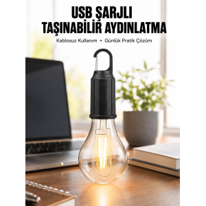Şarjlı Dekoratif Kamp Lambası Askılı Ampul Led Işık Type-c Girişli