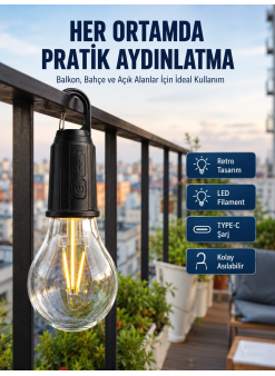 Şarjlı Dekoratif Kamp Lambası Askılı Ampul Led Işık Type-c Girişli