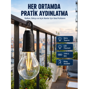 Şarjlı Dekoratif Kamp Lambası Askılı Ampul Led Işık Type-c Girişli