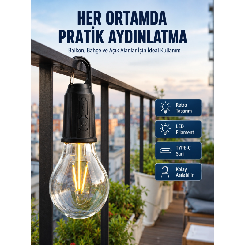 Şarjlı Dekoratif Kamp Lambası Askılı Ampul Led Işık Type-c Girişli