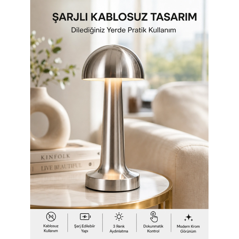 Şarjlı Kablosuz Mantar Masa Lambası Dokunmatik 3 Renk Led Modern Tasarım Yeni Nesil Şarjlı Kablosuz Mantar Masa Lambası Dokunmatik 3 Renk Led Modern Tasarım Yeni Nesil