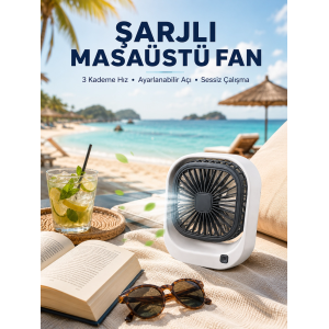 Şarjlı Masaüstü Fan 3 Kademeli Hız Ayarlı Güçlü Hava Akışı
