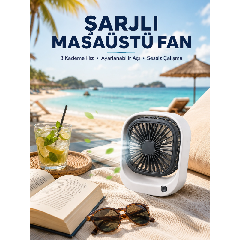 Şarjlı Masaüstü Fan 3 Kademeli Hız Ayarlı Güçlü Hava Akışı Şarjlı Masaüstü Fan 3 Kademeli Hız Ayarlı Güçlü Hava Akışı
