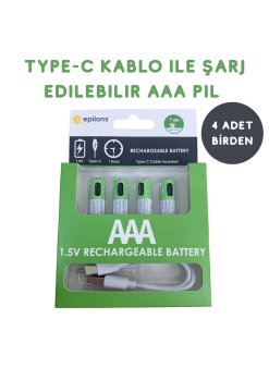 Usb Type-c İle Şarjolabilen 4 Adet Aaa 1.5v Lityum Şarjlı Kalem Pil 750 Mah Uzun Ömürlü