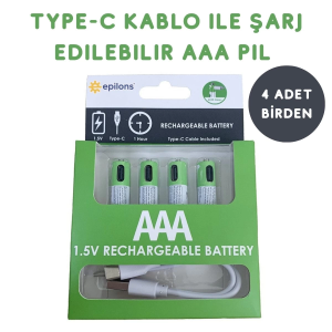 Usb Type-c İle Şarjolabilen 4 Adet Aaa 1.5v Lityum Şarjlı Kalem Pil 750 Mah Uzun Ömürlü