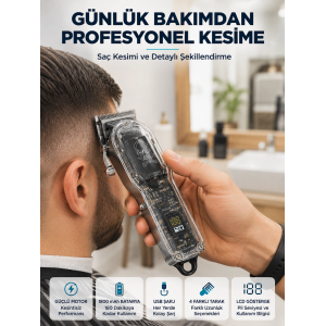 Şarjlı Saç Kesme Makinesi 4 Farklı Taraklı Lcd Pil Göstergeli Usb Şarjlı Profesyonel Erkek Tıraş Makinesi