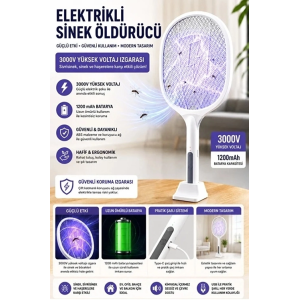 Şarjlı Sinek Öldürücü Sivrisinek Raketi Elektrikli Karasinek Haşere Kovucu Mor Işıklı Sineklik Aleti